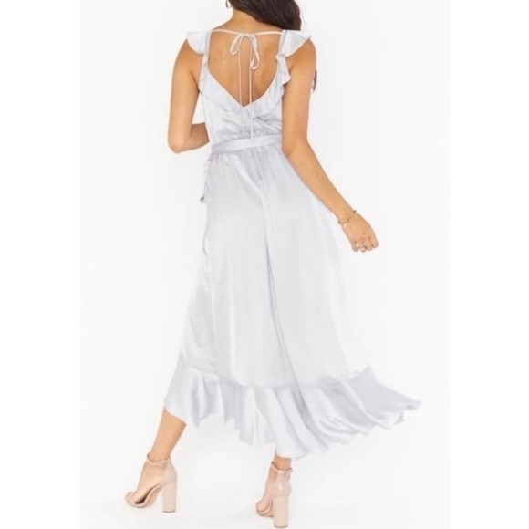 NWT2 SHOW ME YOUR MUMU Samantha Ruffle Wrap Dress Silver Luxe Satin - Picture 3 of 7